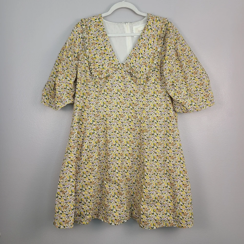 Anthropologie Yellow Lightweight Floral Cotton Collared Puff Sleeve Mini Dress - Picture 4 of 16